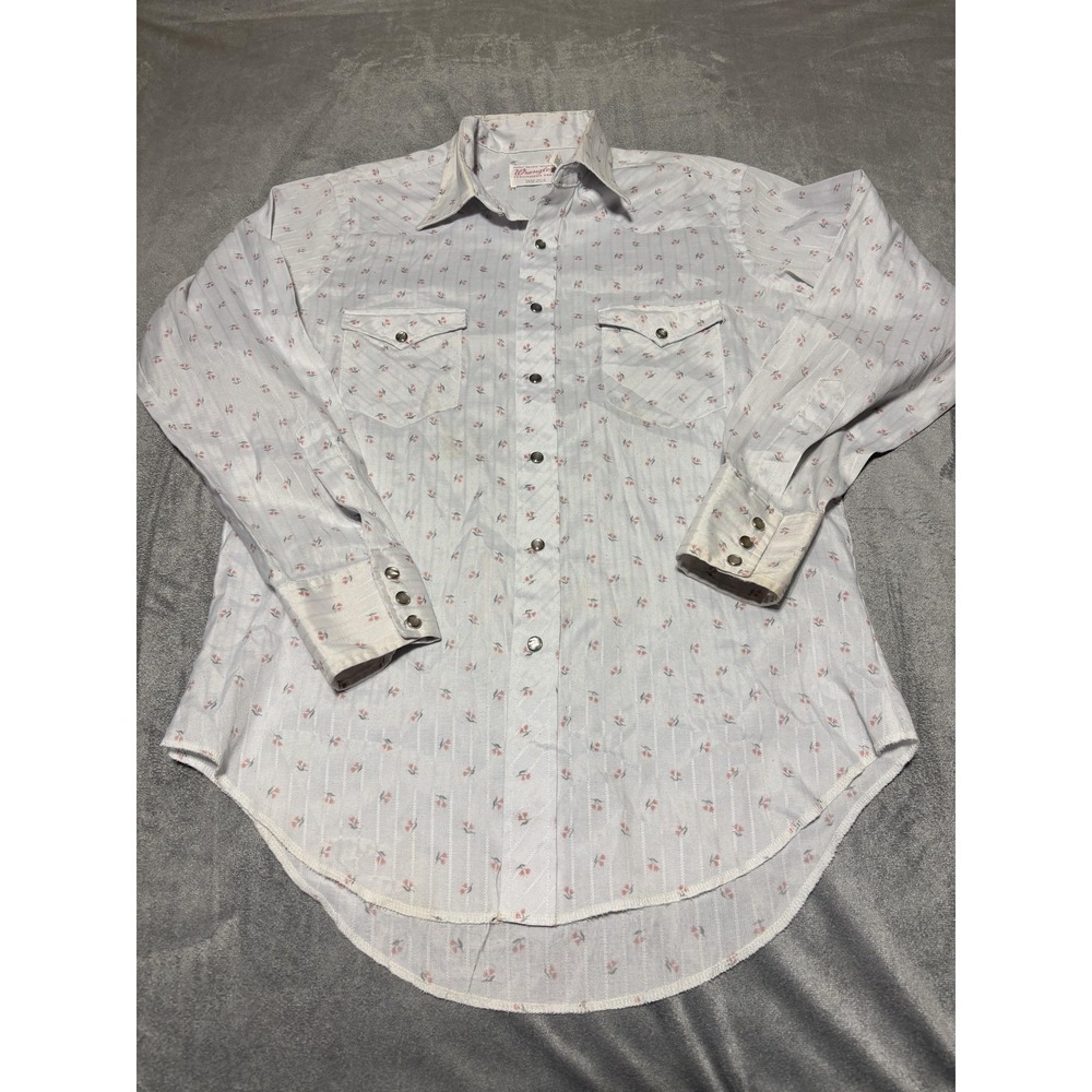 Vintage Wrangler Shirt Mens 16-34 White Floral Long Sleeve Western Snap USA 1970
